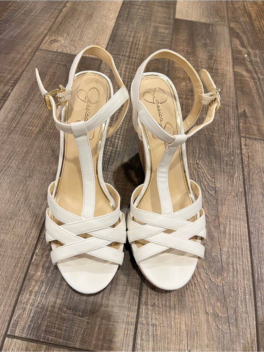 Jessica Simpson Cream T‑Strap Crisscross High Heel Sandals